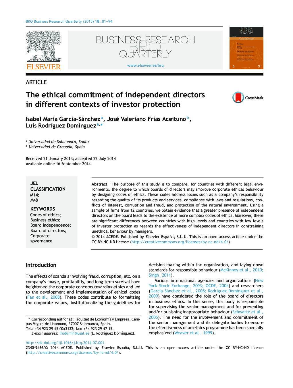 The ethical commitment of independent directors in different contexts of investor protection