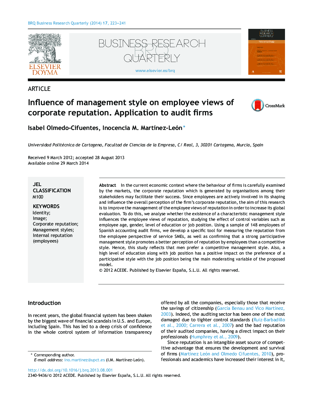 Influence of management style on employee views of corporate reputation. Application to audit firms