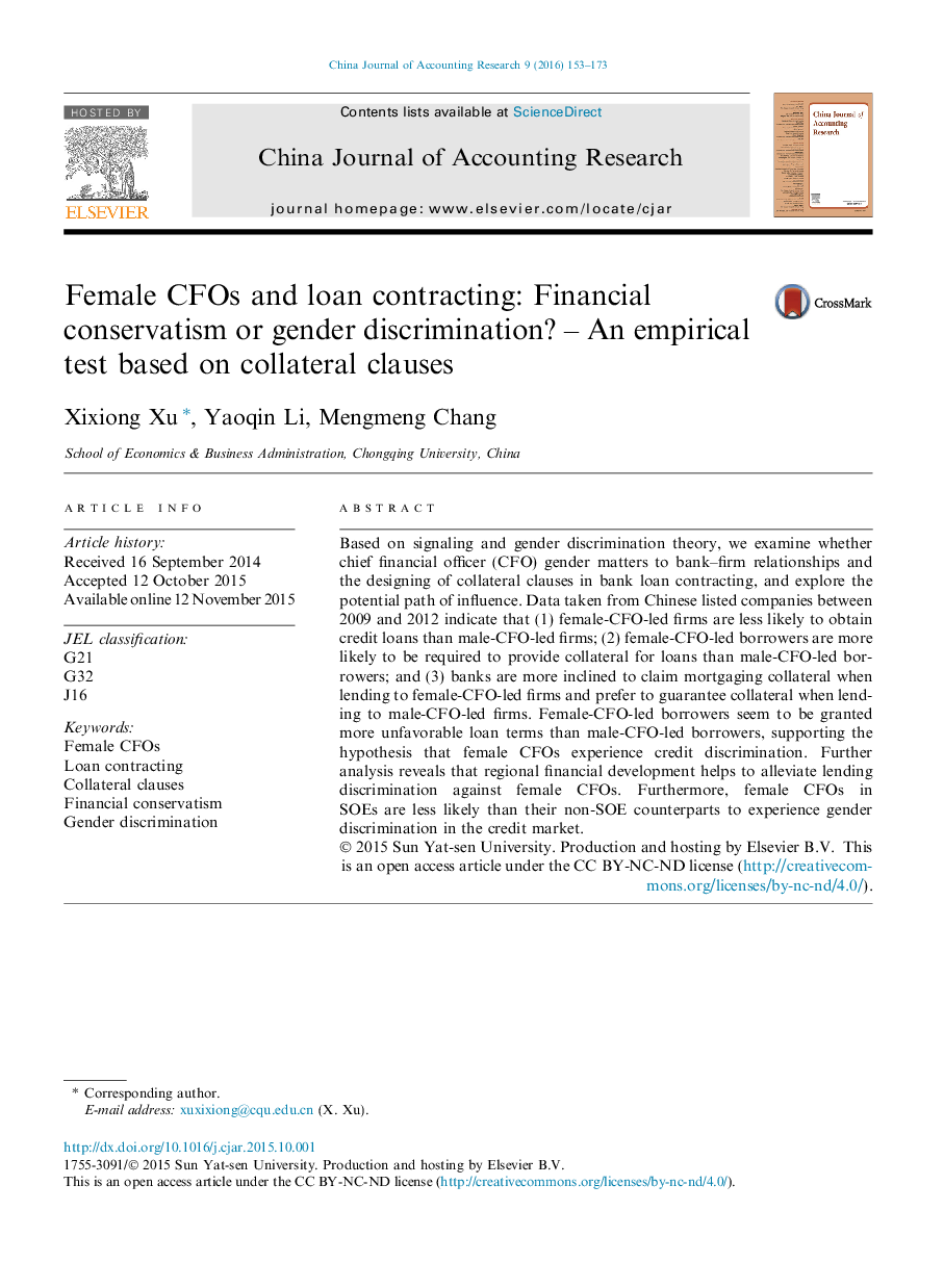 Female CFOs and loan contracting: Financial conservatism or gender discrimination? – An empirical test based on collateral clauses