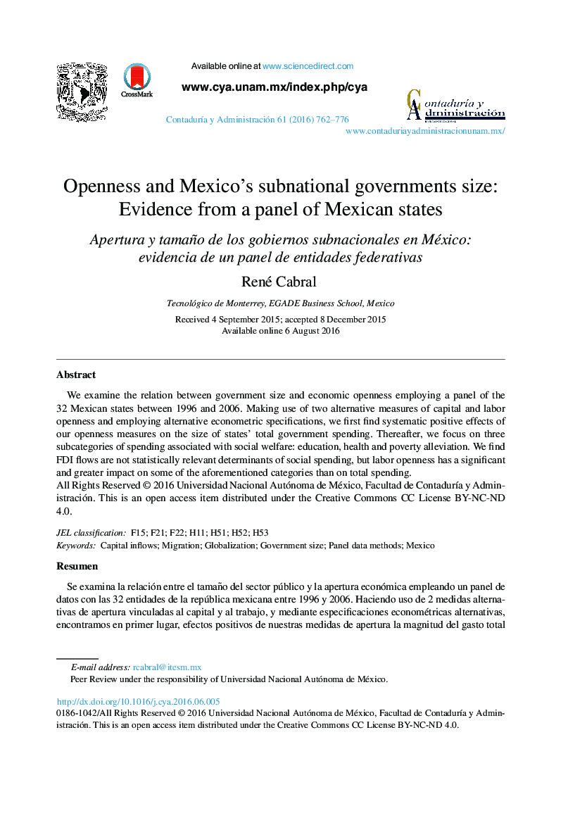 باز بودن و حجم دولت محلی مکزیک : شواهد از یک پانل از ایالات مکزیک