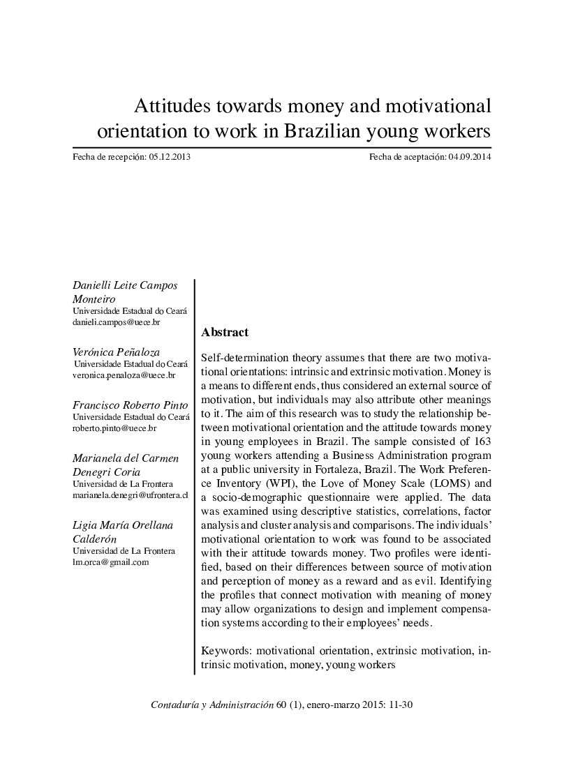 نگرش نسبت به پول و جهت گیری های انگیزشی برای کار در میان کارگران جوان برزیلی