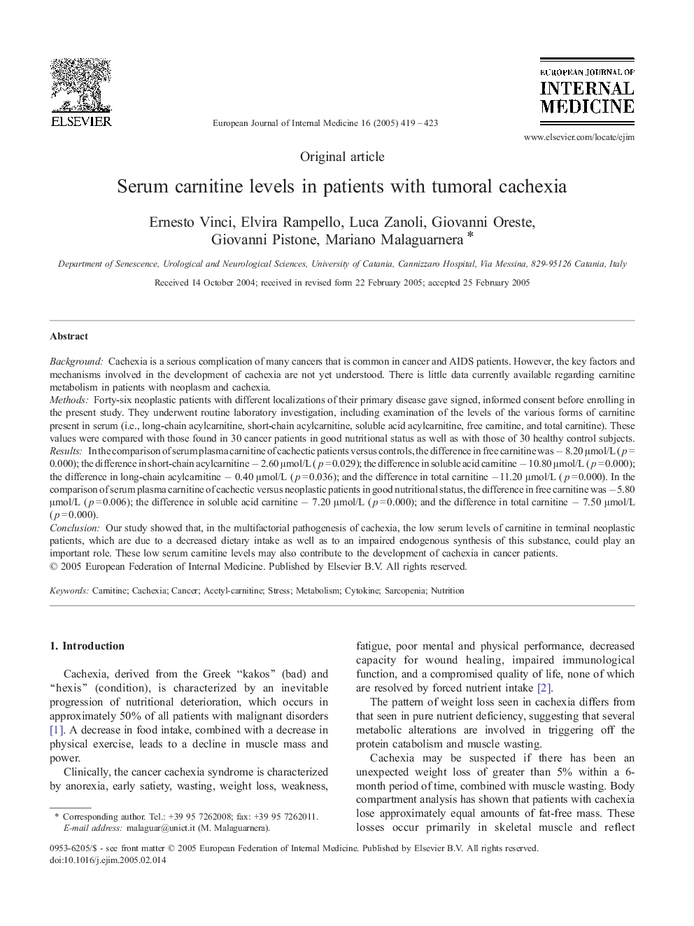 Serum carnitine levels in patients with tumoral cachexia