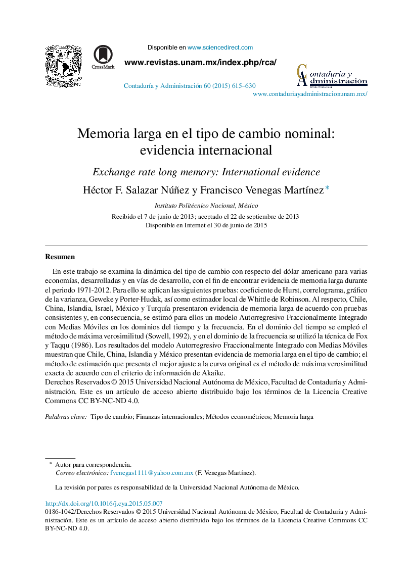Memoria larga en el tipo de cambio nominal: evidencia internacional 