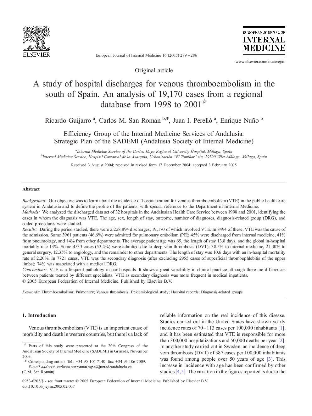 A study of hospital discharges for venous thromboembolism in the south of Spain. An analysis of 19,170 cases from a regional database from 1998 to 2001