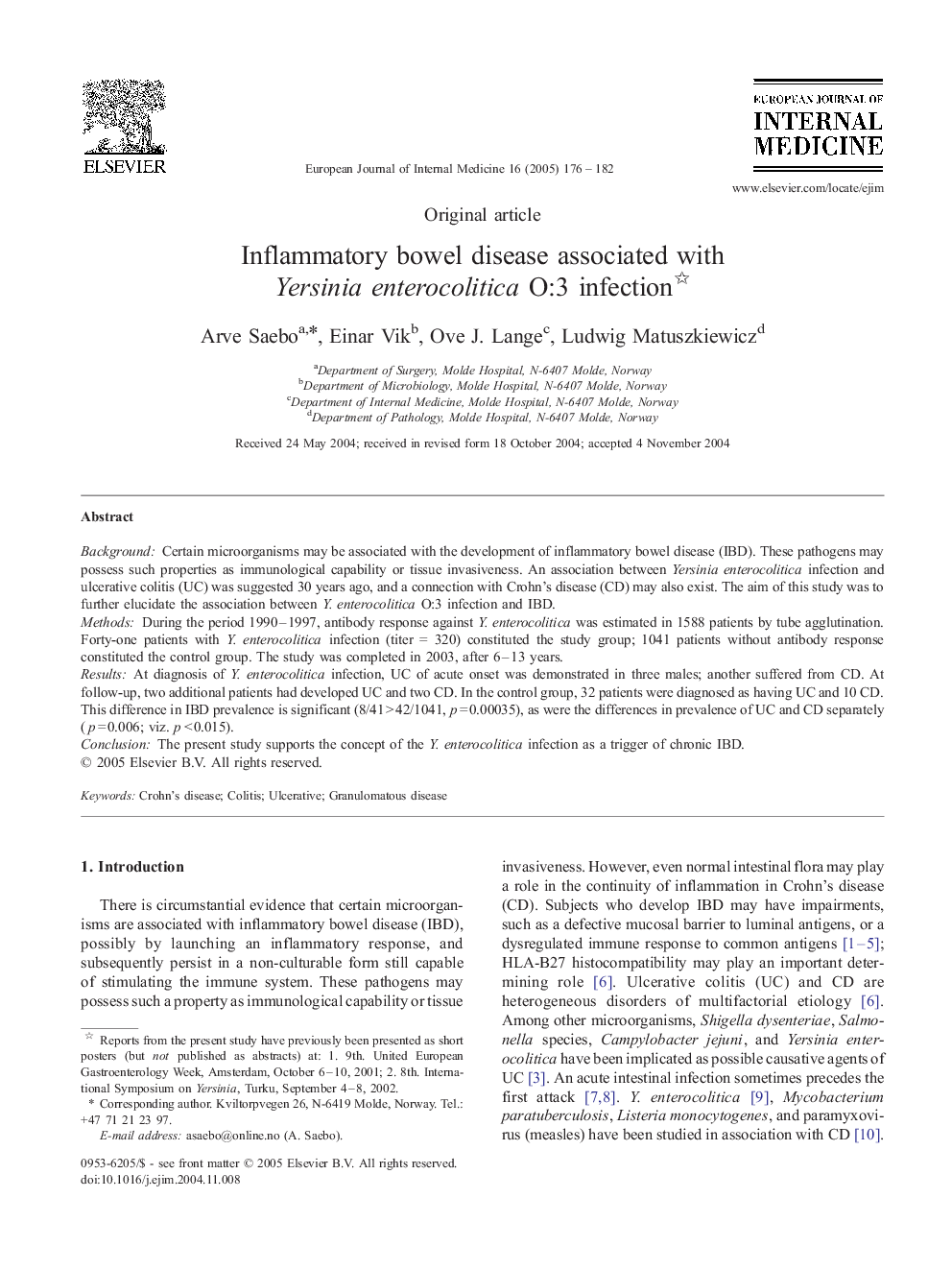 Inflammatory bowel disease associated with Yersinia enterocolitica O:3 infection