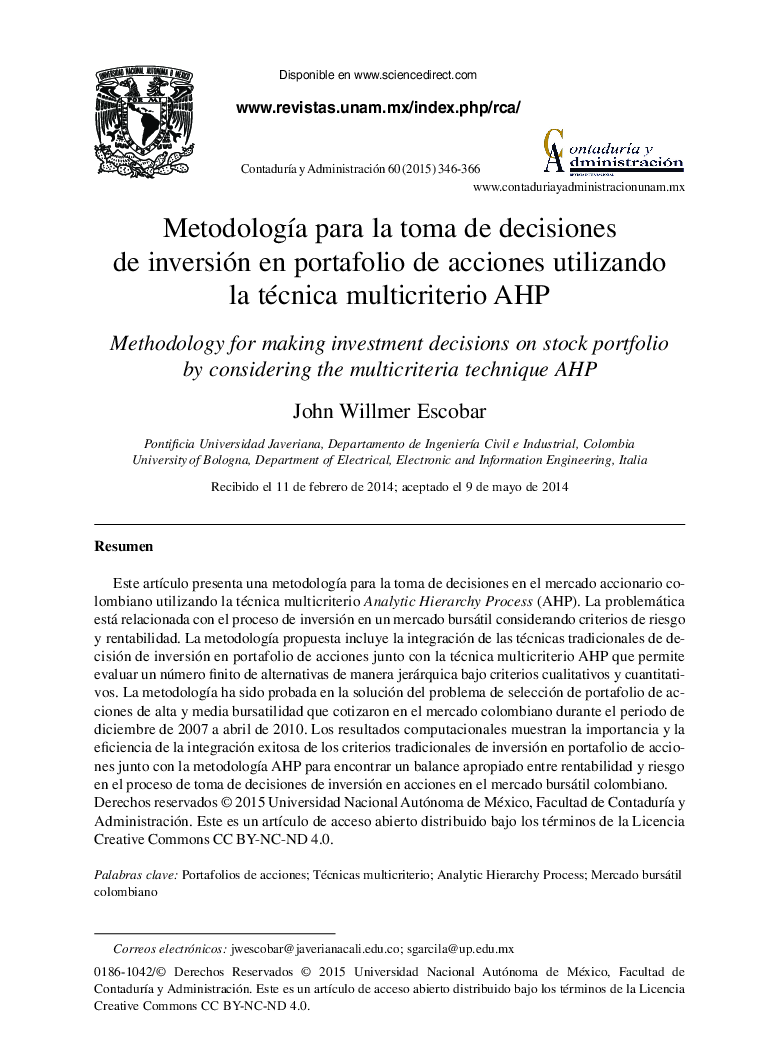 Metodología para la toma de decisiones de inversión en portafolio de acciones utilizando la técnica multicriterio AHP