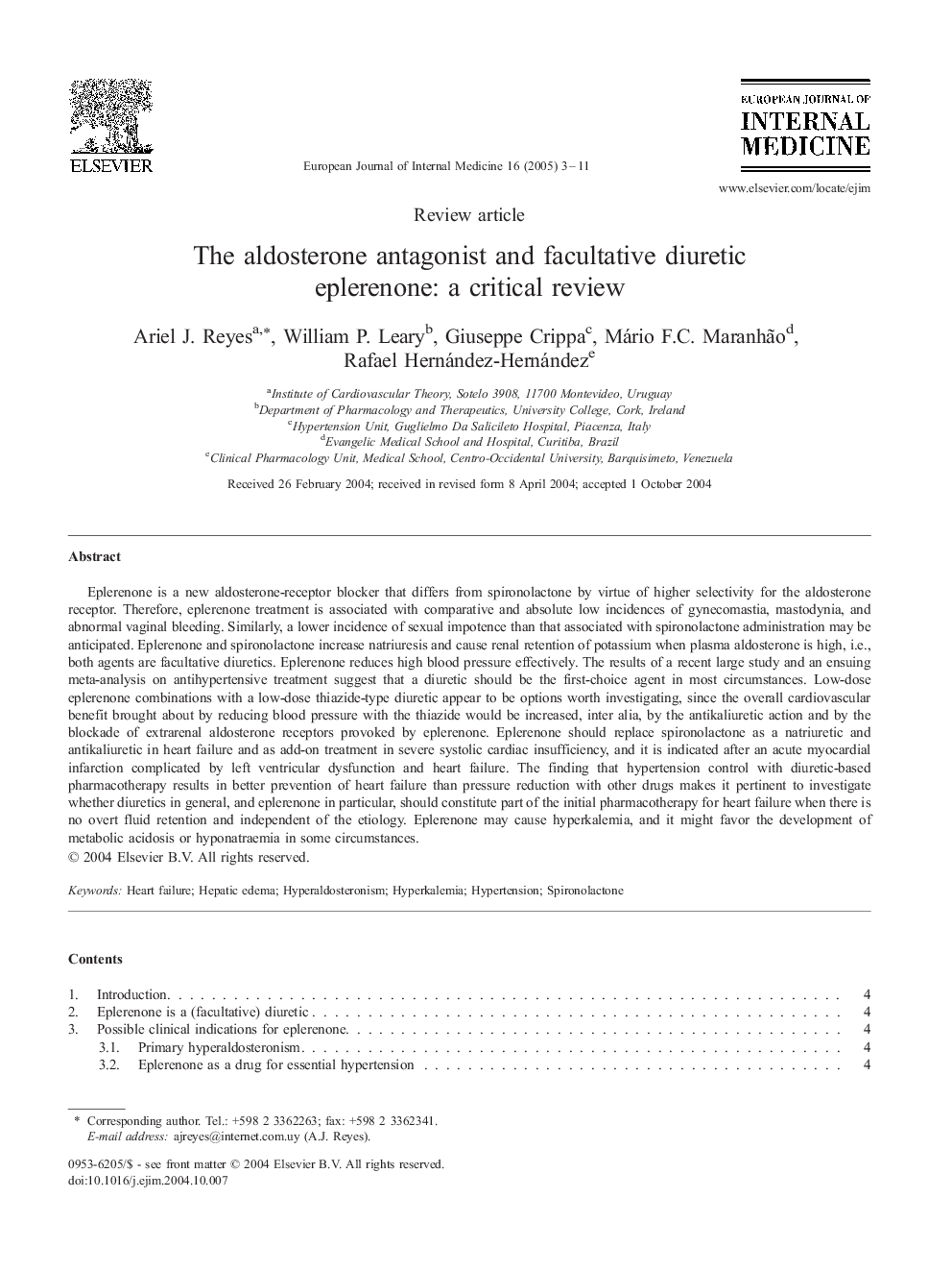 The aldosterone antagonist and facultative diuretic eplerenone: a critical review