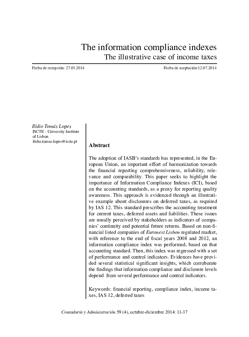 The information compliance indexes. The illustrative case of income taxes