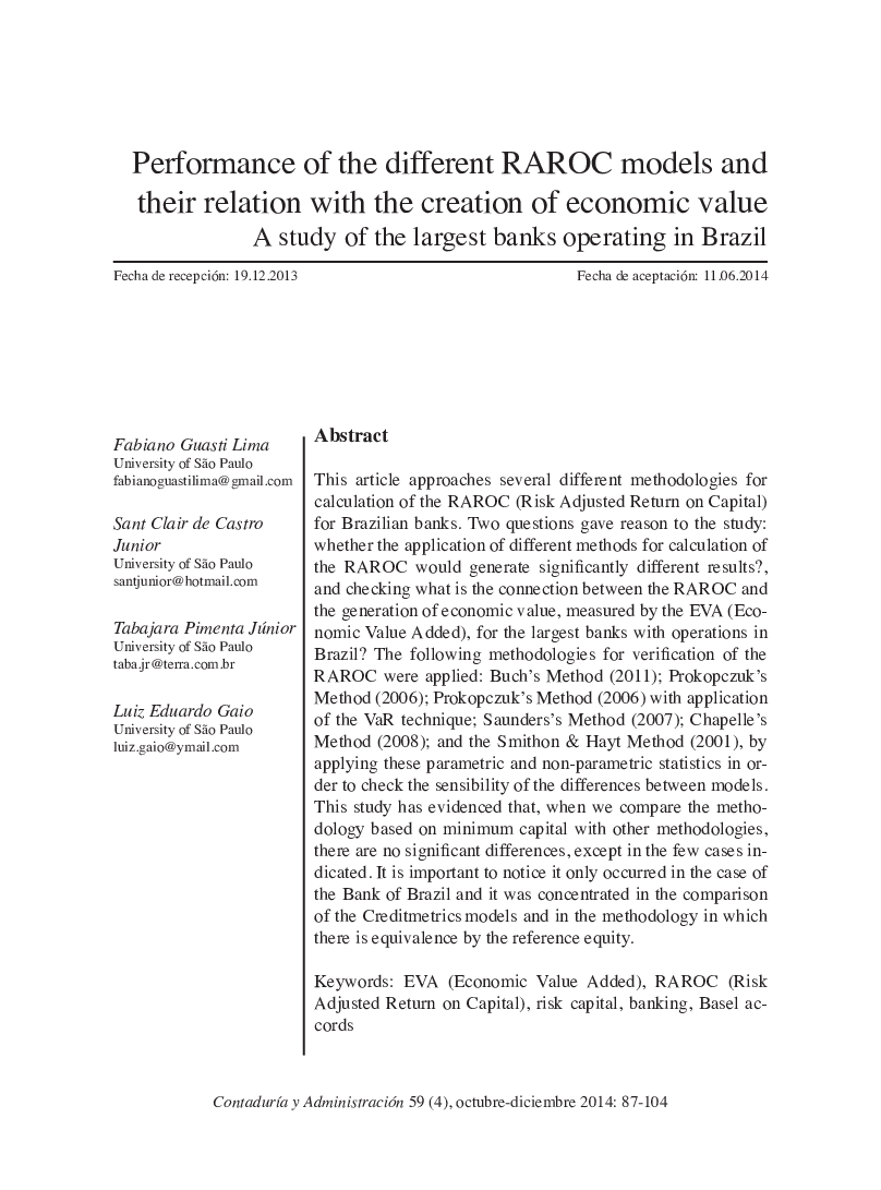 Performance of the different RAROC models and their relation with the creation of economic value. A study of the largest banks operating in Brazil