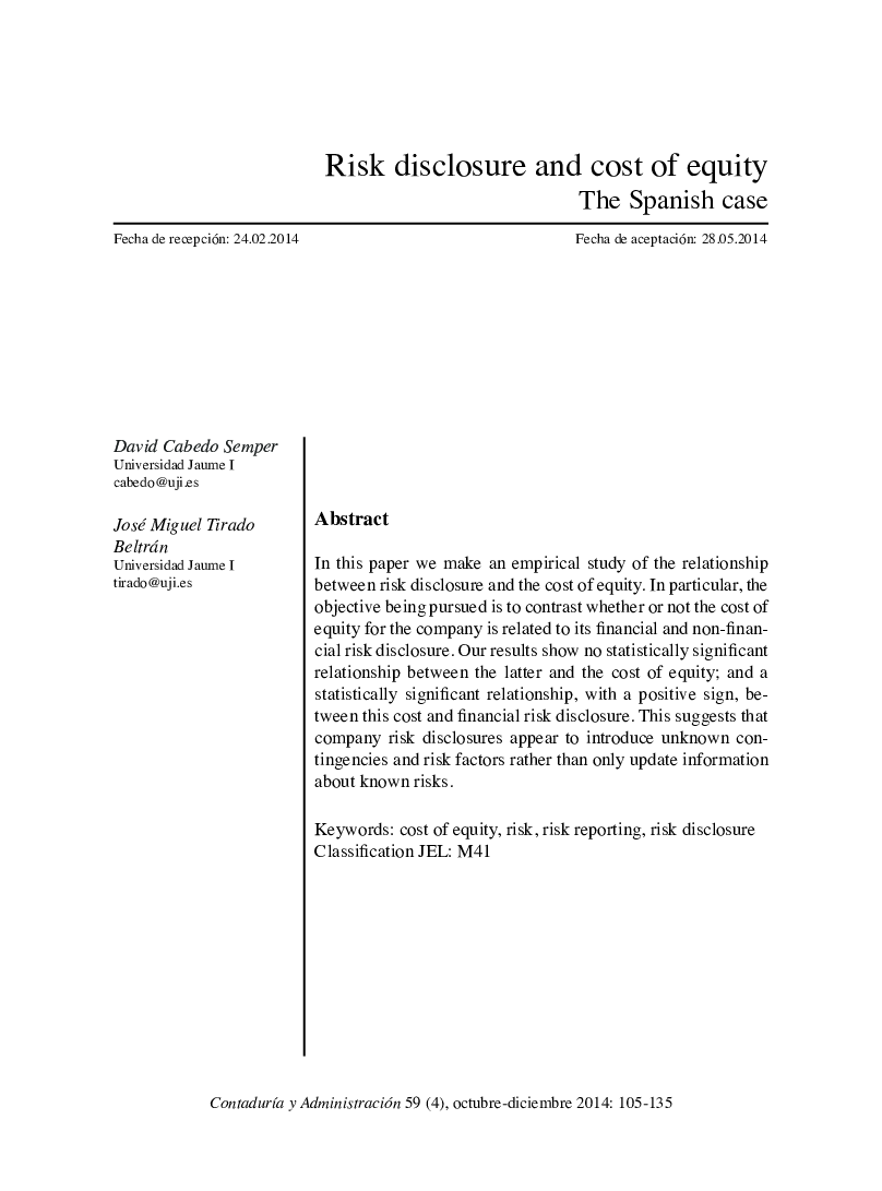 Risk disclosure and cost of equity: The Spanish case