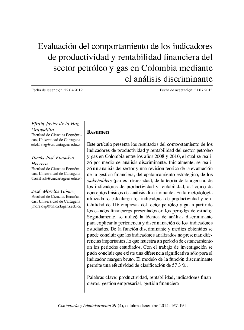 Evaluación del comportamiento de los indicadores de productividad y rentabilidad financiera del sector petróleo y gas en Colombia mediante el análisis discriminante