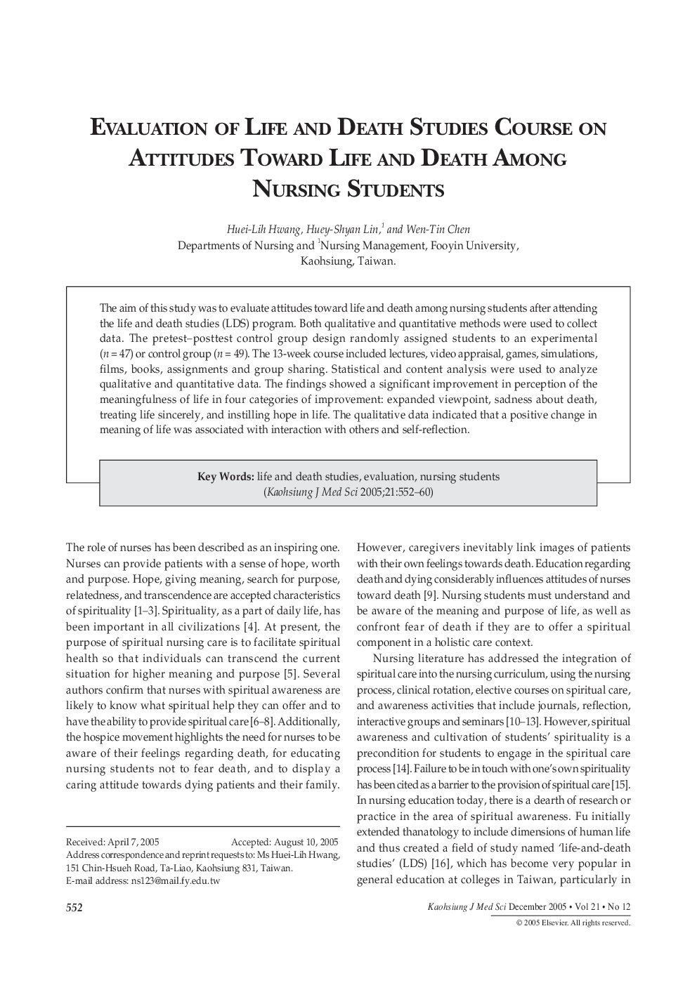 Evaluation of Life and Death Studies Course on Attitudes Toward Life and Death Among Nursing Students