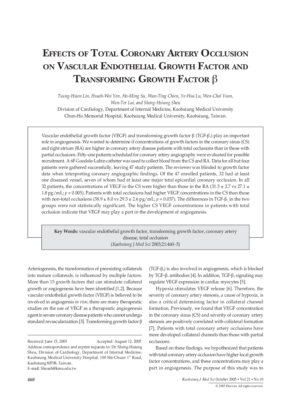 Effects of Total Coronary Artery Occlusion on Vascular Endothelial Growth Factor and Transforming Growth Factor Î²