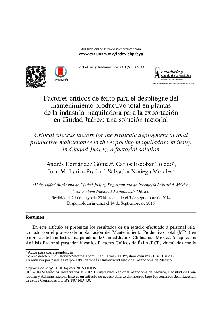 Factores críticos de éxito para el despliegue del mantenimiento productivo total en plantas de la industria maquiladora para la exportación en Ciudad Juárez: una solución factorial 