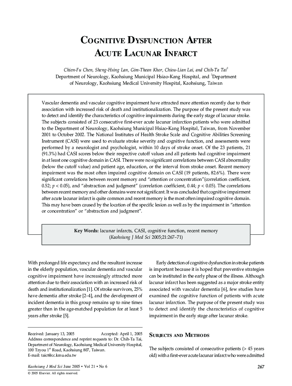 Cognitive Dysfunction After Acute Lacunar Infarct