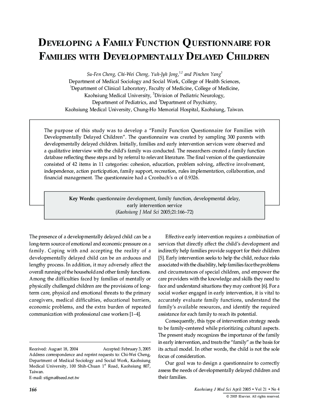 Developing a Family Function Questionnaire for Families with Developmentally Delayed Children