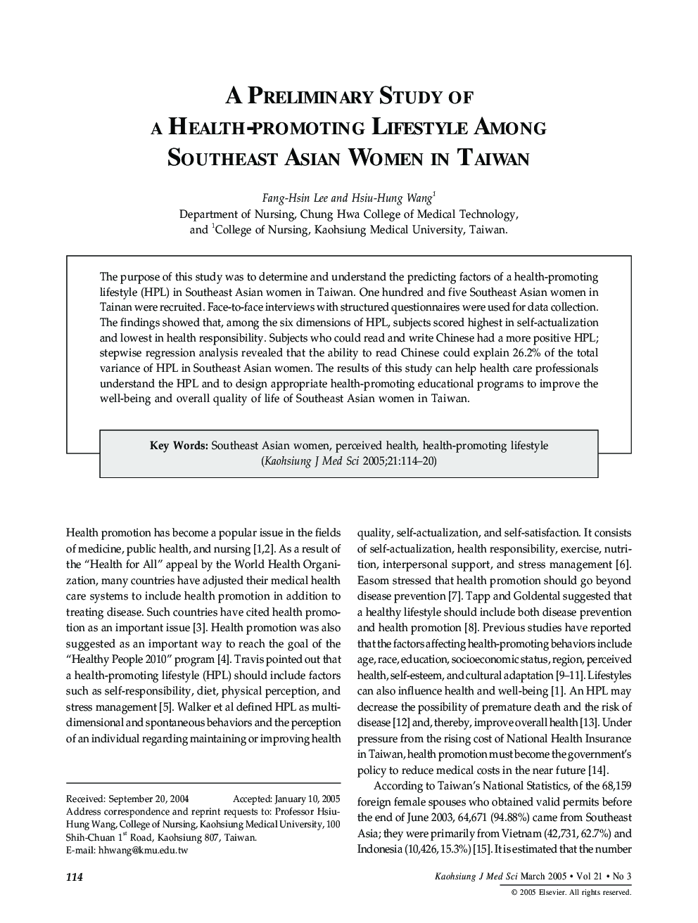 A Preliminary Study of a Health-Promoting Lifestyle Among Southeast Asian Women in Taiwan