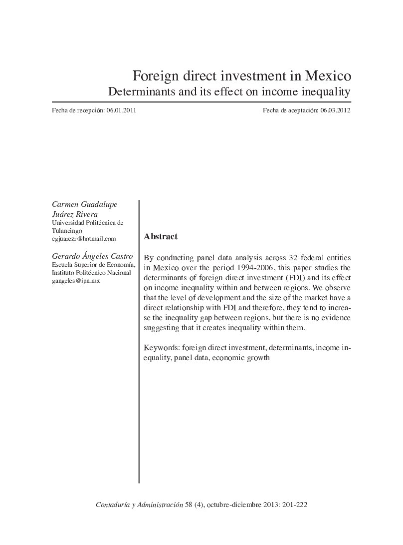 Foreign direct investment in Mexico Determinants and its effect on income inequality