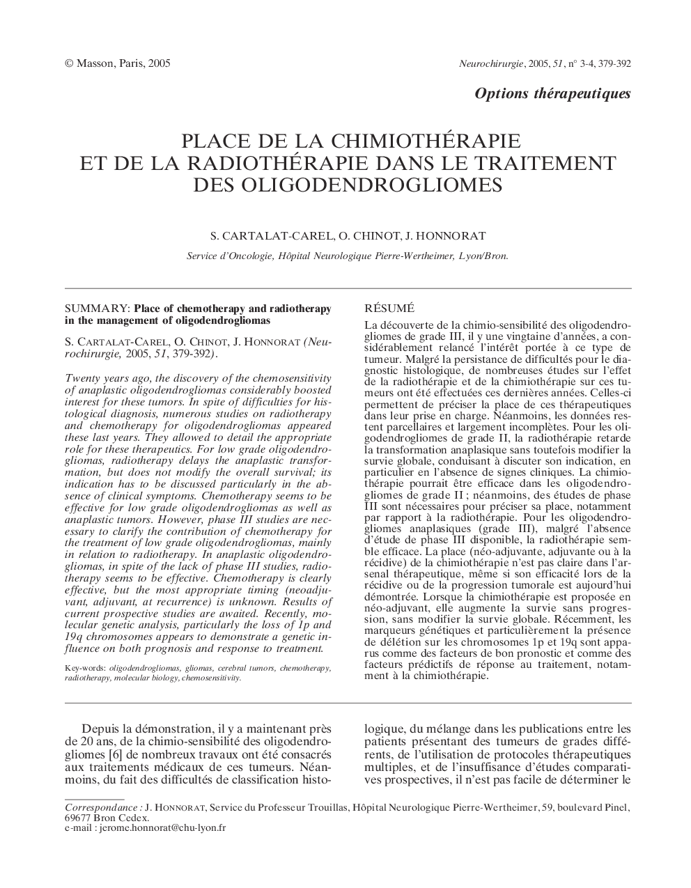 Place de la chimiothérapie et de la radiothérapie dans le traitement des oligodendrogliomes