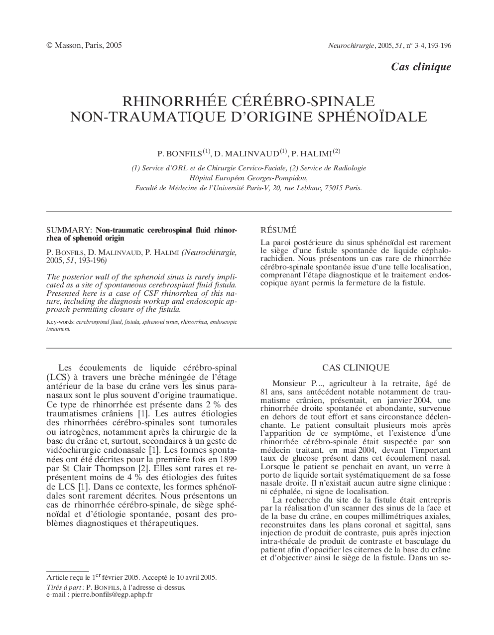 Rhinorrhée cérébro-spinale non-traumatique d'origine sphénoïdale