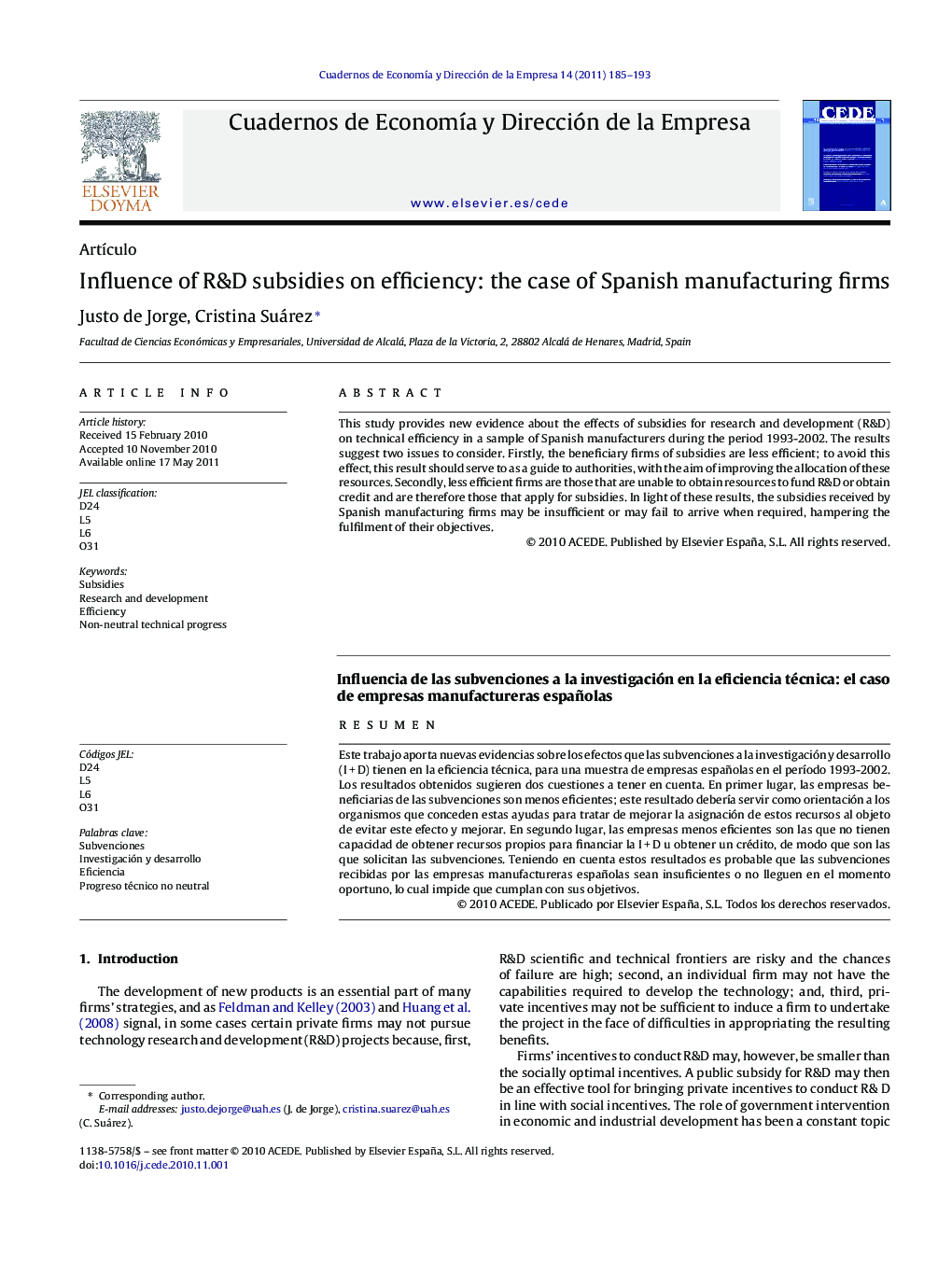 Influence of R&D subsidies on efficiency: the case of Spanish manufacturing firms