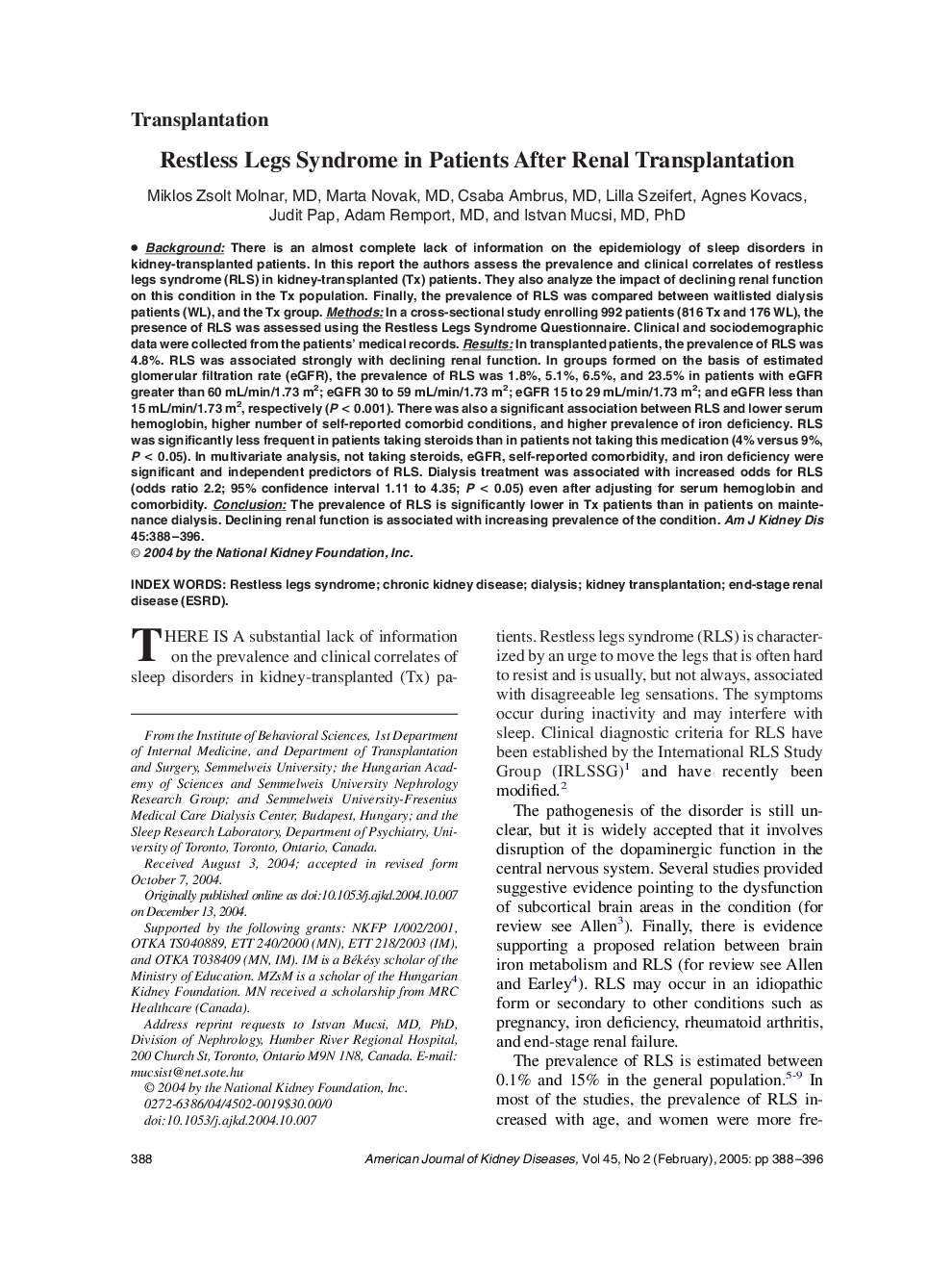 Restless legs syndrome in patients after renal transplantation