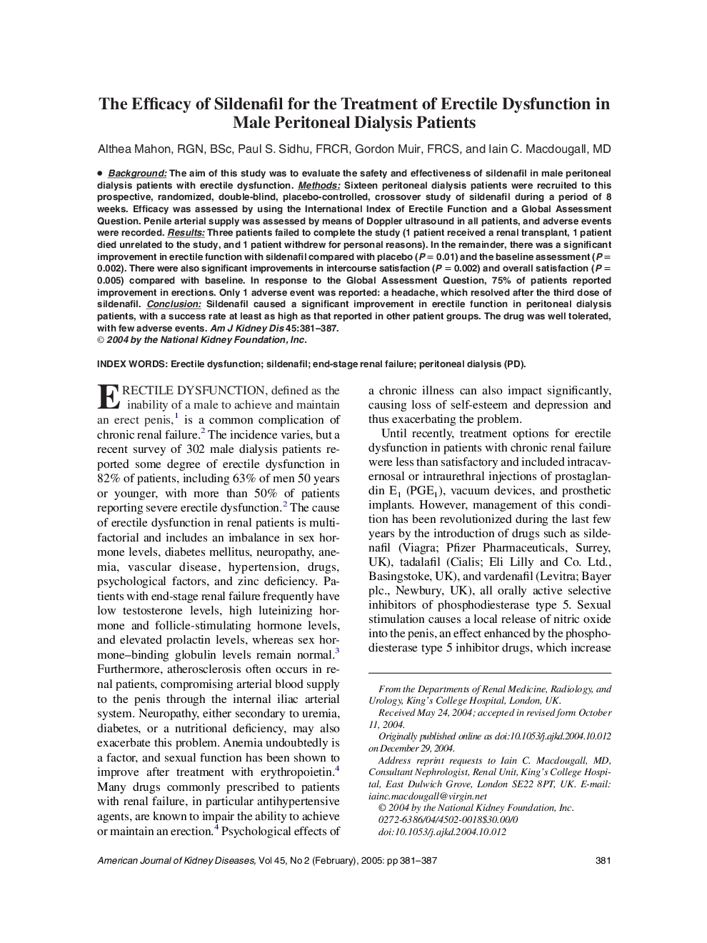 عکس صفحه اول مقاله: The efficacy of sildenafil for the treatment of erectile dysfunction in male peritoneal dialysis patients The efficacy of sildenafil for the treatment of erectile dysfunction in male peritoneal dialysis patients