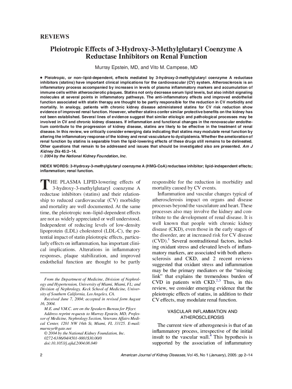 Pleiotropic effects of 3-hydroxy-3-methylglutaryl coenzyme a reductase inhibitors on renal function