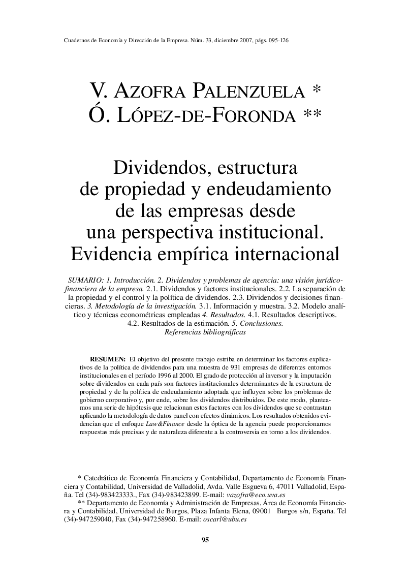 Dividendos, estructura de propiedad y endeudamiento de las empresas desde una perspectiva institucional. Evidencia empírica internacional