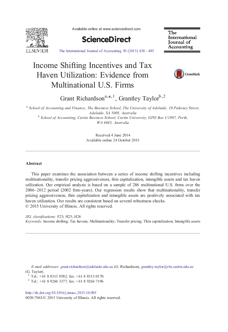 Income Shifting Incentives and Tax Haven Utilization: Evidence from Multinational U.S. Firms