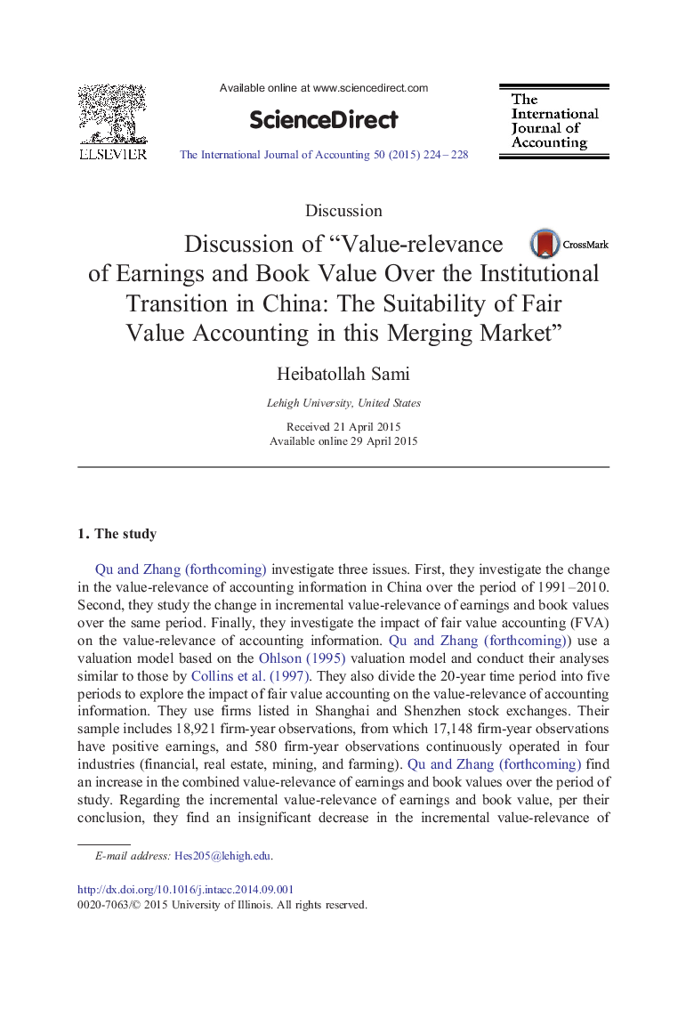 Discussion of “Value-relevance of Earnings and Book Value Over the Institutional Transition in China: The Suitability of Fair Value Accounting in this Merging Market”