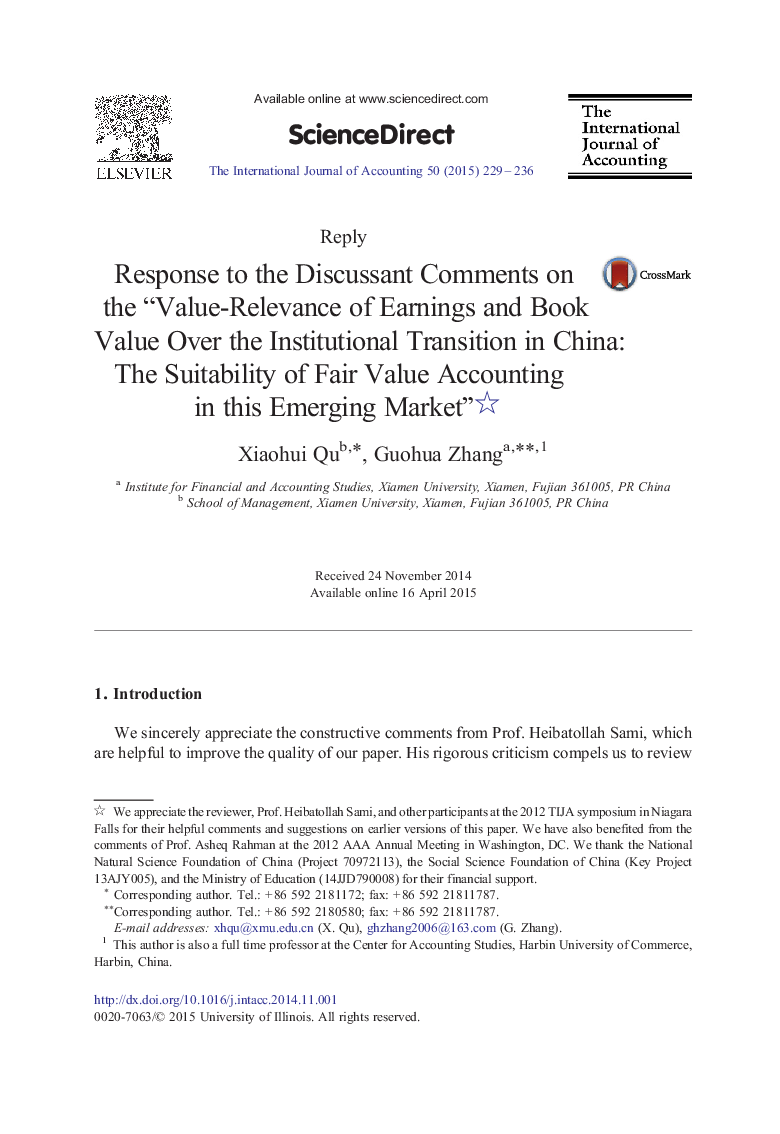 Response to the Discussant Comments on the “Value-Relevance of Earnings and Book Value Over the Institutional Transition in China: The Suitability of Fair Value Accounting in this Emerging Market”