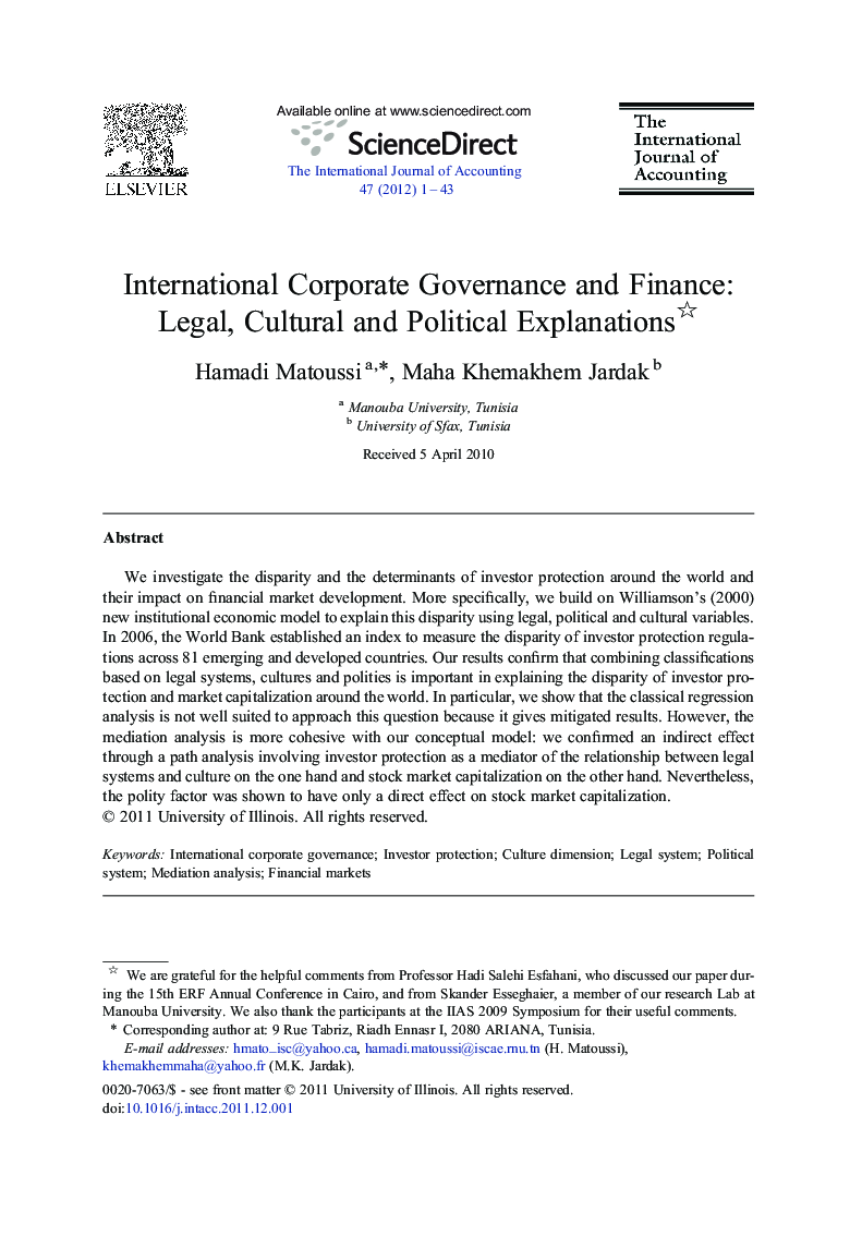 International Corporate Governance and Finance: Legal, Cultural and Political Explanations 