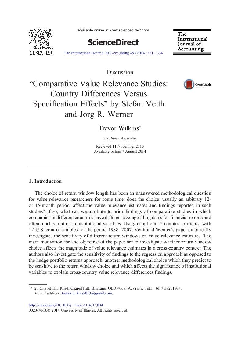 “Comparative Value Relevance Studies: Country Differences Versus Specification Effects” by Stefan Veith and Jorg R. Werner