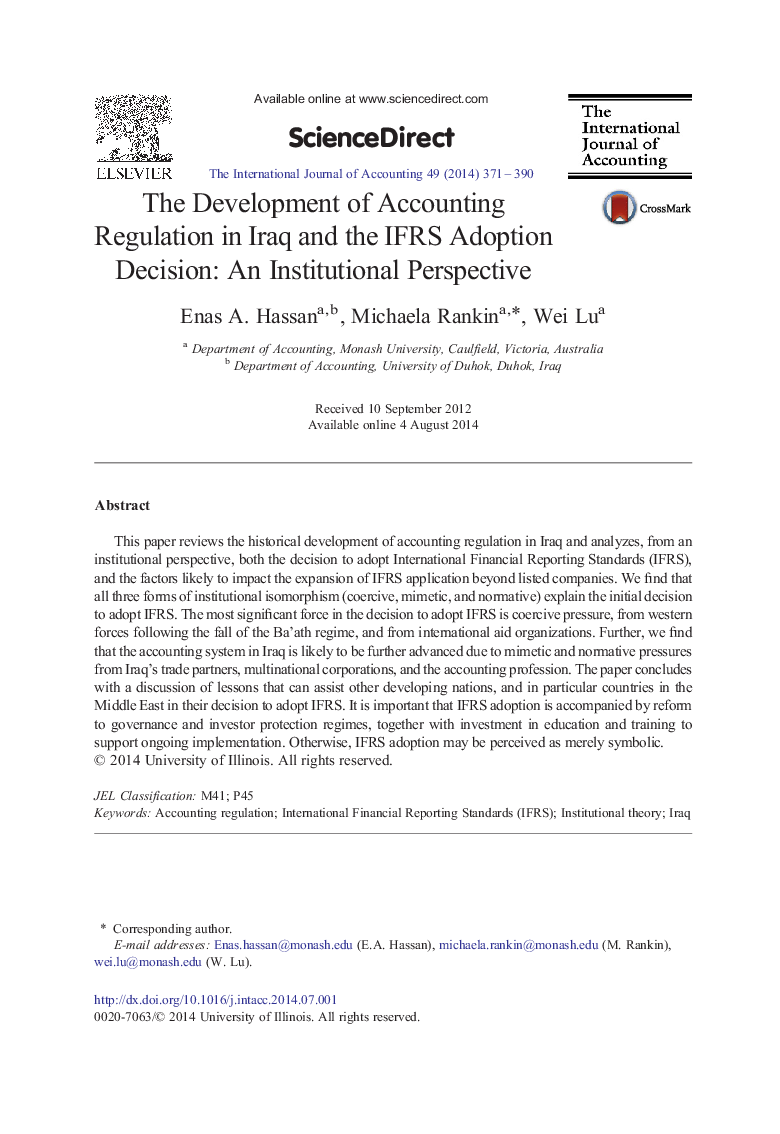 The Development of Accounting Regulation in Iraq and the IFRS Adoption Decision: An Institutional Perspective