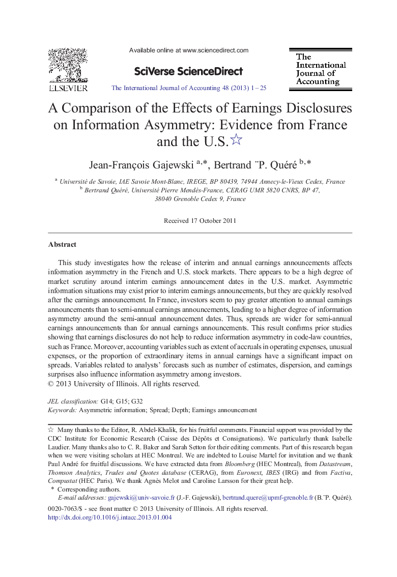 A Comparison of the Effects of Earnings Disclosures on Information Asymmetry: Evidence from France and the U.S. 