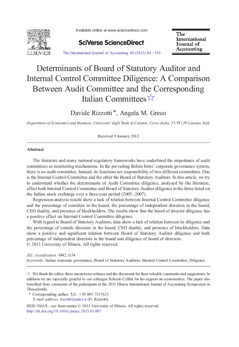 Determinants of Board of Statutory Auditor and Internal Control Committee Diligence: A Comparison Between Audit Committee and the Corresponding Italian Committees 