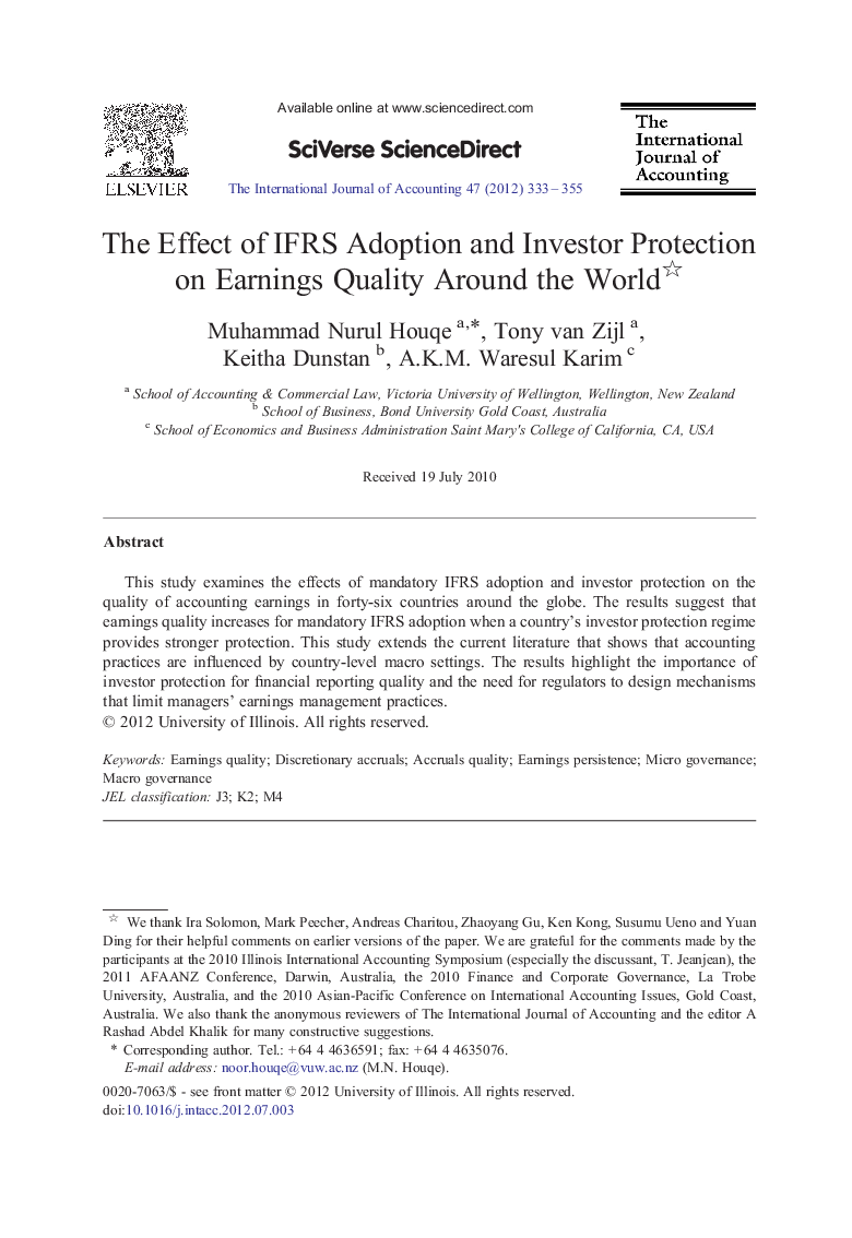 The Effect of IFRS Adoption and Investor Protection on Earnings Quality Around the World 