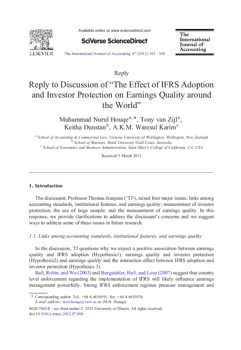 Reply to Discussion of “The Effect of IFRS Adoption and Investor Protection on Earnings Quality around the World”