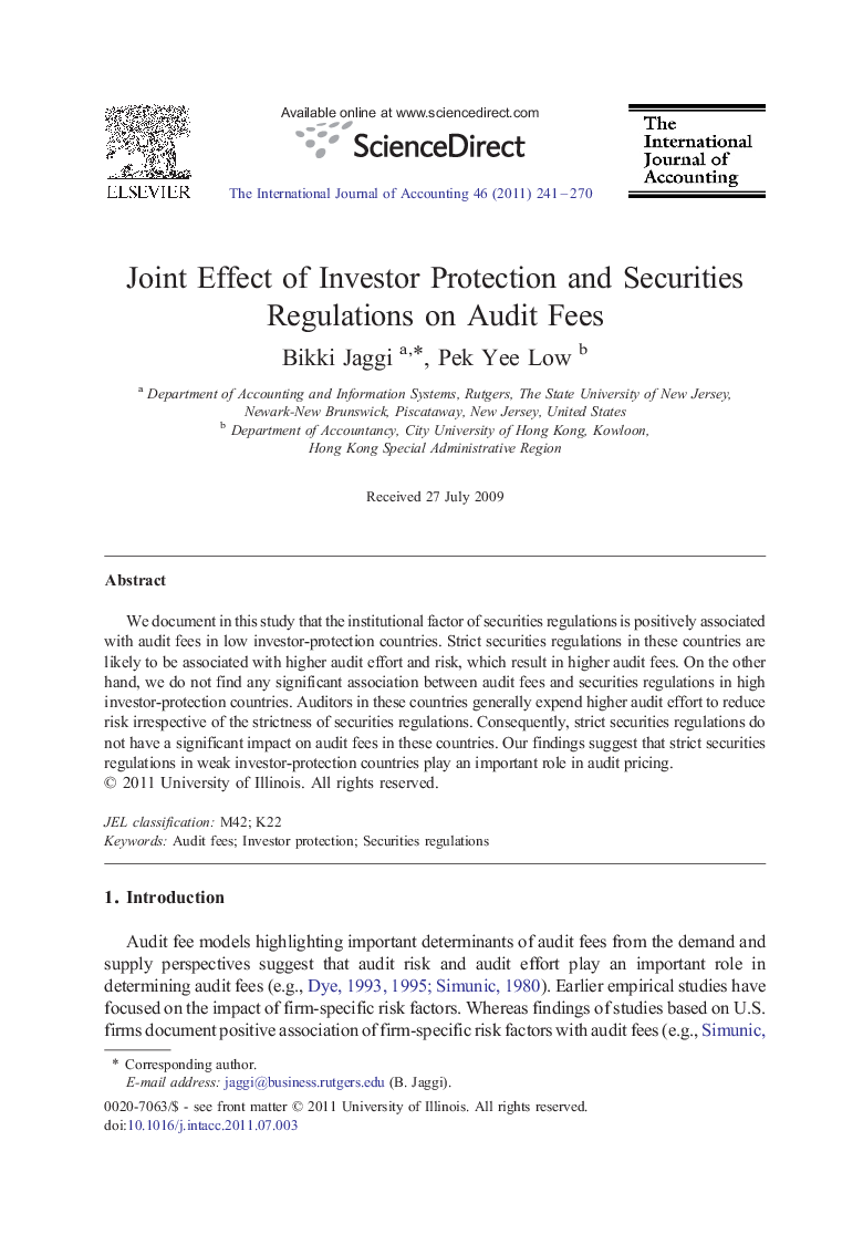 Joint Effect of Investor Protection and Securities Regulations on Audit Fees