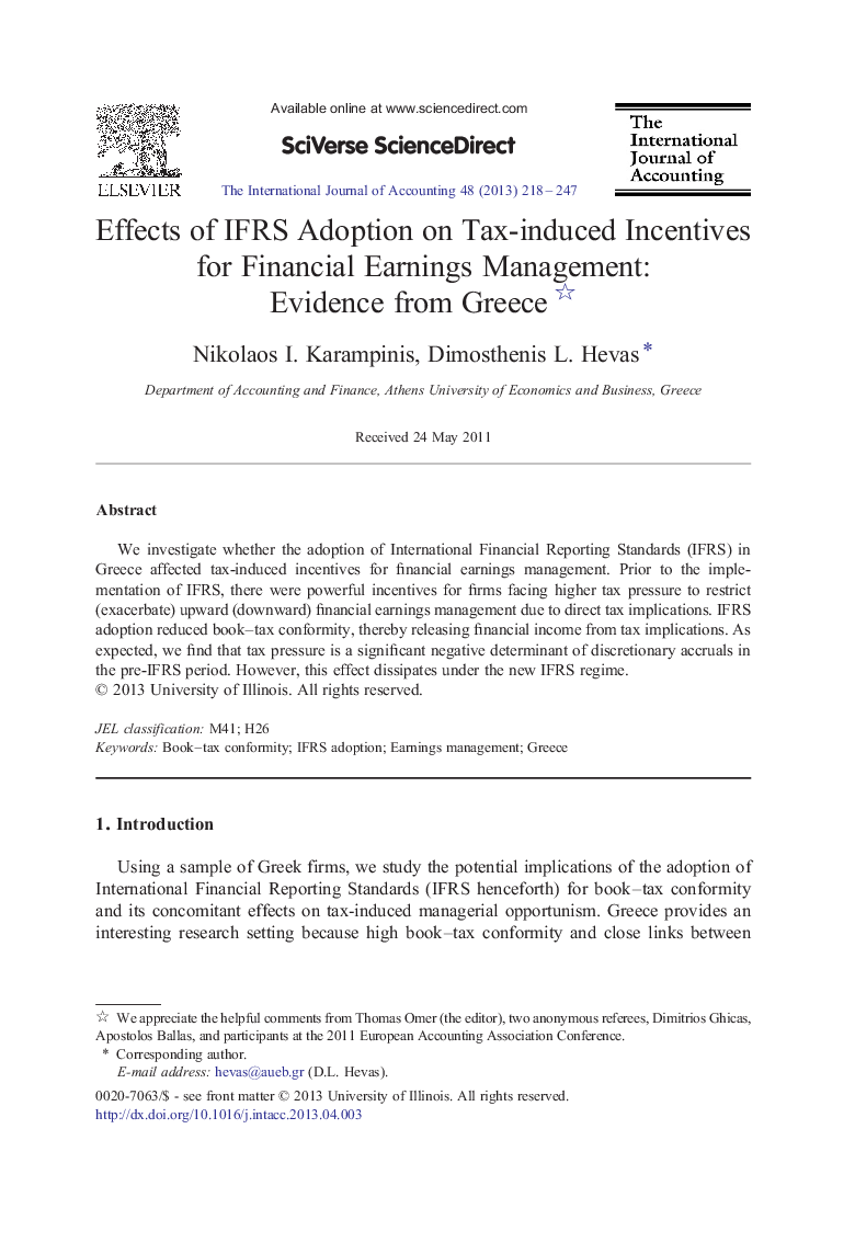 Effects of IFRS Adoption on Tax-induced Incentives for Financial Earnings Management: Evidence from Greece 