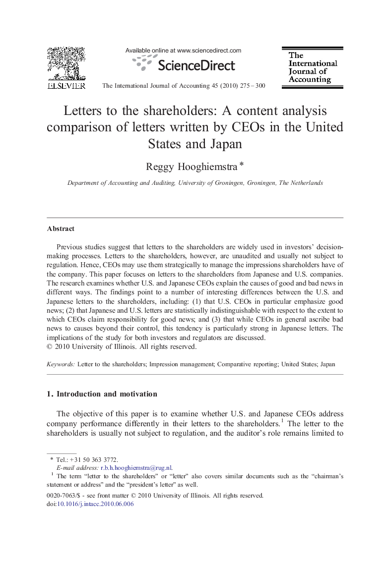 Letters to the shareholders: A content analysis comparison of letters written by CEOs in the United States and Japan