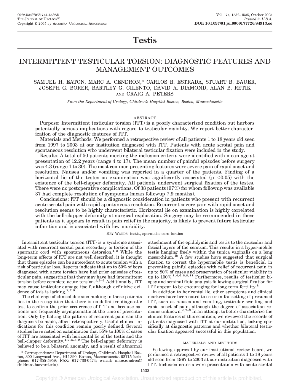 INTERMITTENT TESTICULAR TORSION: DIAGNOSTIC FEATURES AND MANAGEMENT OUTCOMES