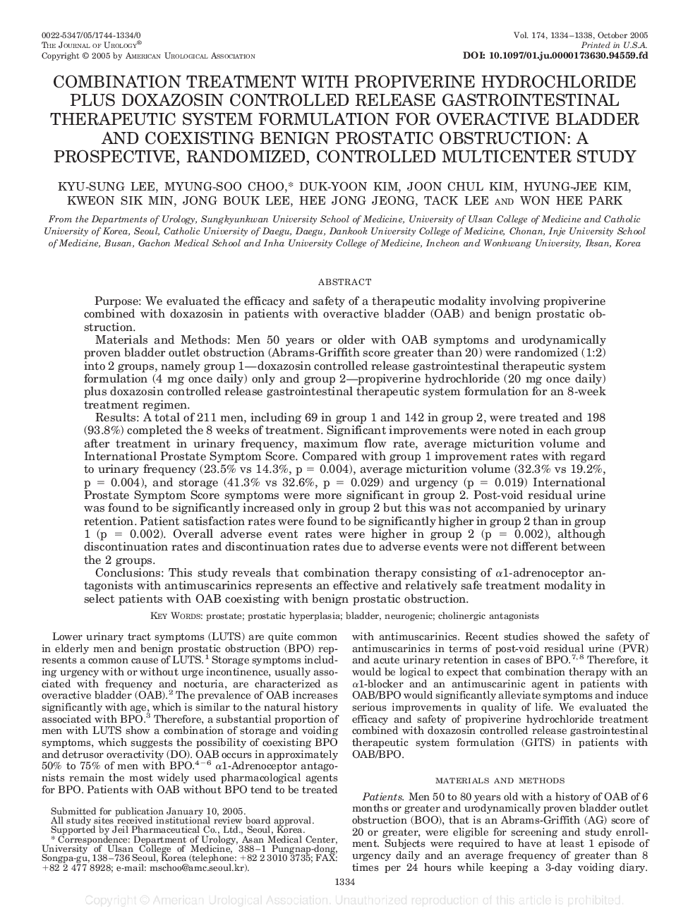 COMBINATION TREATMENT WITH PROPIVERINE HYDROCHLORIDE PLUS DOXAZOSIN CONTROLLED RELEASE GASTROINTESTINAL THERAPEUTIC SYSTEM FORMULATION FOR OVERACTIVE BLADDER AND COEXISTING BENIGN PROSTATIC OBSTRUCTION: A PROSPECTIVE, RANDOMIZED, CONTROLLED MULTICENTER ST