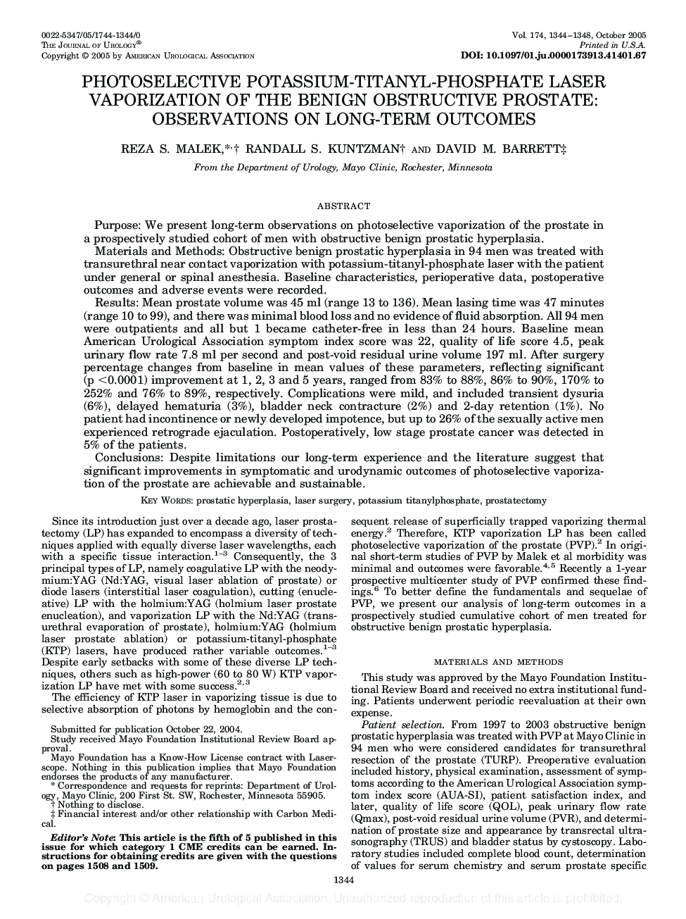 PHOTOSELECTIVE POTASSIUM-TITANYL-PHOSPHATE LASER VAPORIZATION OF THE BENIGN OBSTRUCTIVE PROSTATE: OBSERVATIONS ON LONG-TERM OUTCOMES