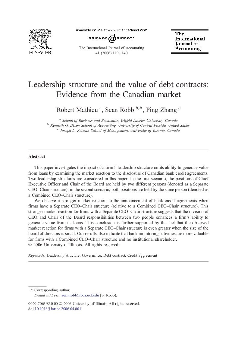 Leadership structure and the value of debt contracts: Evidence from the Canadian market