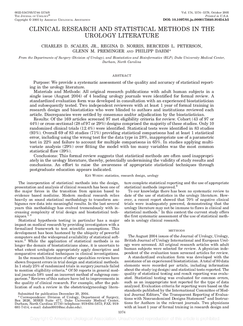 CLINICAL RESEARCH AND STATISTICAL METHODS IN THE UROLOGY LITERATURE