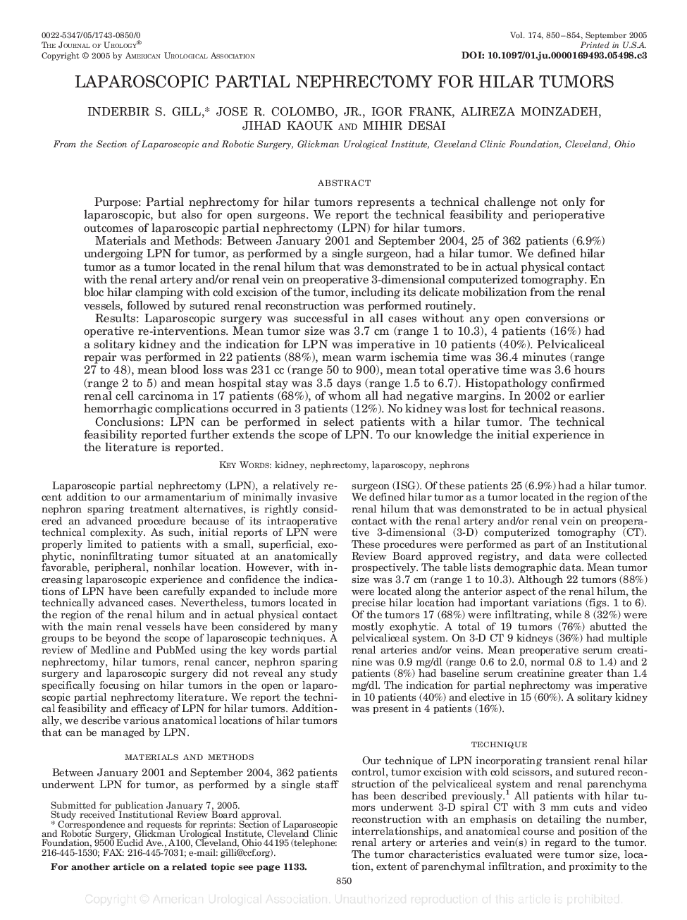 LAPAROSCOPIC PARTIAL NEPHRECTOMY FOR HILAR TUMORS