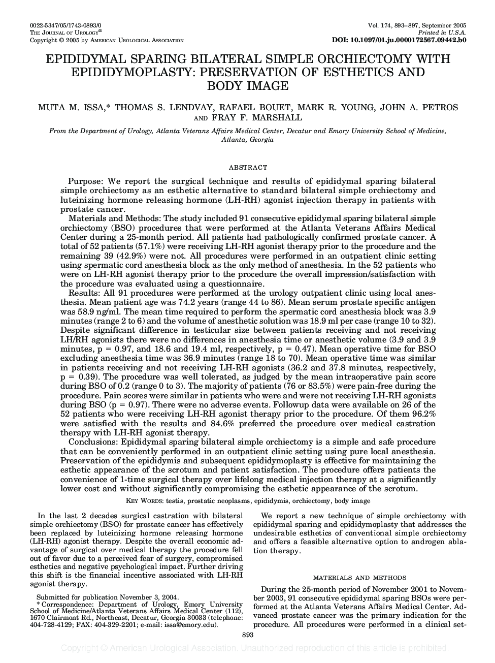 EPIDIDYMAL SPARING BILATERAL SIMPLE ORCHIECTOMY WITH EPIDIDYMOPLASTY: PRESERVATION OF ESTHETICS AND BODY IMAGE