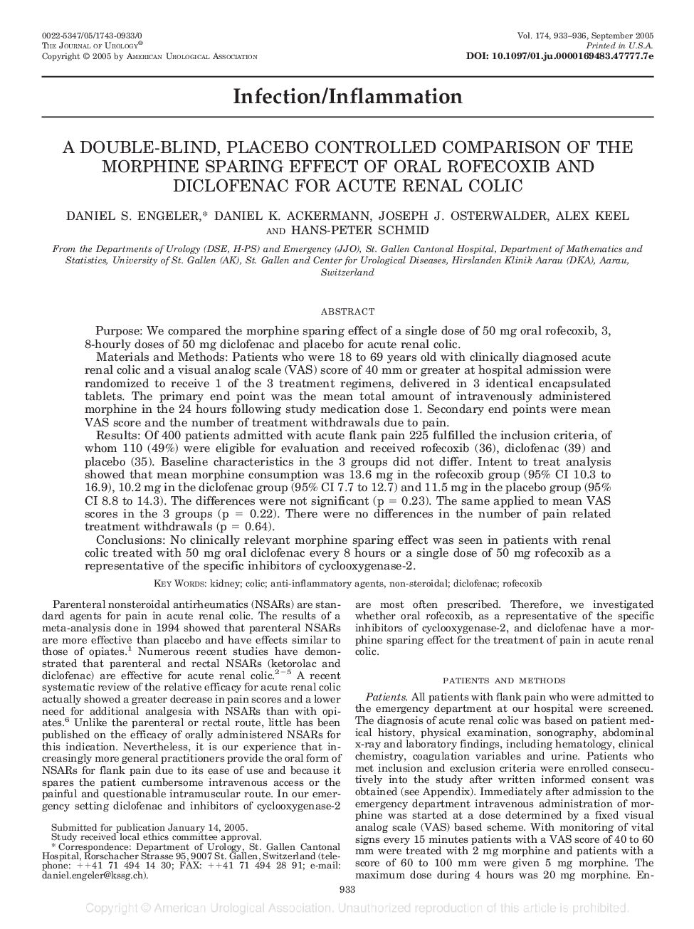 A DOUBLE-BLIND, PLACEBO CONTROLLED COMPARISON OF THE MORPHINE SPARING EFFECT OF ORAL ROFECOXIB AND DICLOFENAC FOR ACUTE RENAL COLIC